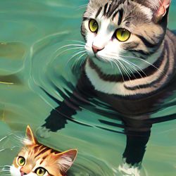a cat in the water is a printable art painting. it can be hung on the wall or printed on clothes, a bag, and so on...