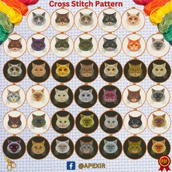 set of 40 cute cats face cross stitch pattern, animal embroidery chart, cat needlework pattern, beginner small