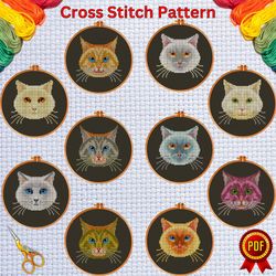 set of 10 cute cats face cross stitch pattern 4, animal embroidery chart, cat needlework pattern, beginner small