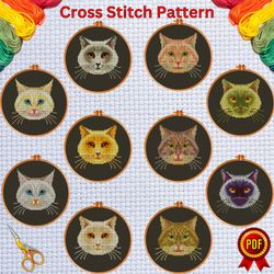 set of 10 cute cats face cross stitch pattern 3, animal embroidery chart, cat needlework pattern, beginner small