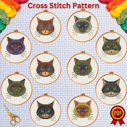 set of 10 cute cats face cross stitch pattern 2, animal embroidery chart, cat needlework pattern, beginner small