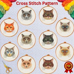 set of 10 cute cats face cross stitch pattern 1, animal embroidery chart, cat needlework pattern, beginner small