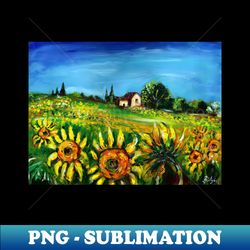 sunflowers and countryside in tuscany landscape - vintage sublimation png download - capture imagination with every detail