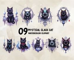 09 mystical clack cat watercolor clipart, halloween svg, cute halloween, halloween, halloween png 23