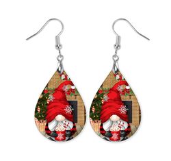 christmas tree earrings, teardrop gnome with red wine, festive accessory for the holidays, gnome with hot cocoa