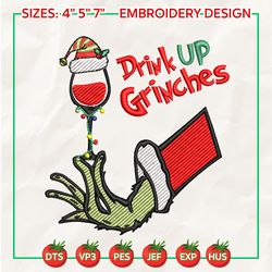 drink up grin embroidery, christmas embroidery designs, wine embroidery ,christmas embroidery, grinchy, santa claus embroidery