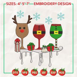 christmas wine glass embroidery, santa wine embroidery, christmas embroidery designs, christmas deer embroidery designs