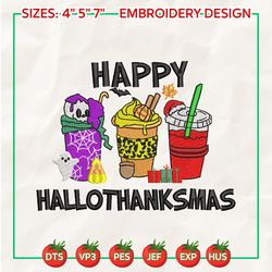 hallothanksmas embroidery machine design, fall halloween christmas embroidery file, seasonal coffee cup embroidery file