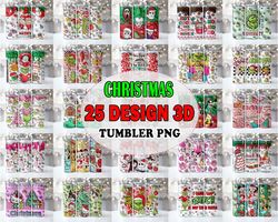 25 designs 3d christmas tumbler sublimation, 20oz skinny tumbler bundle wrap, cartoon funny christmas design tumbler png