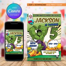 hulk boy birthday invitation, mavel hulk boy any age birthday invitation canva editable instant download