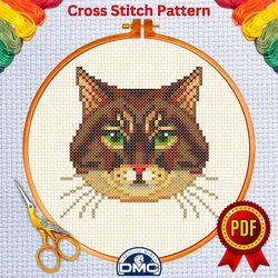 cute cat face cross stitch pattern 2, animal embroidery chart, antique unique needlework pattern, beginner small,