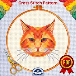 cute cat face cross stitch pattern 3, animal embroidery chart, antique unique needlework pattern, beginner small,