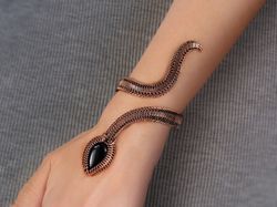 snake cuff bracelet black onyx unique copper wire wrapped bangle egyptian animal cleopatra style wearable art jewelry