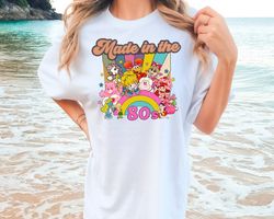 cartoon friends nostalgia shirt, friends 80s cartoon characters rainbow shirt, care bears and strawberry tee, 80s retro