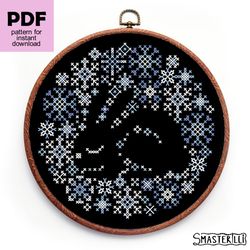 winter bunny and snowflakes cross stitch pattern pdf, easy christmas ornament, modern cross stitch pattenr for beginners