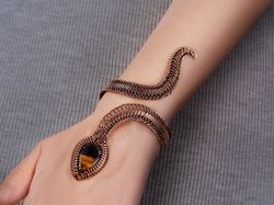snake cuff bracelet tiger eye unique copper wire wrapped bangle egyptian animal cleopatra style wearable art jewelry