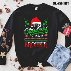 new first christmas as a brother funny santa hat ugly t-shirt - olashirt