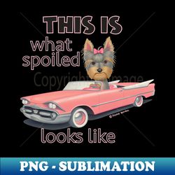 Cute Yorkshire Terrier Dog shopping in a classic pink car on Yorkie in Classic Car - Stylish Sublimation Digital Download - Defying the Norms