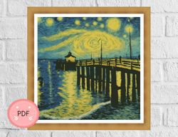 cross stitch pattern,pier at starry night ,pdf ,instant download,x stitch chart ,vincent van gogh inspired,full coverage