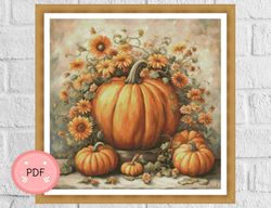 cross stitch pattern,pumpkin with orange flowers,instant download,x stitch chart,harvest,halloween,autumn,full coverage