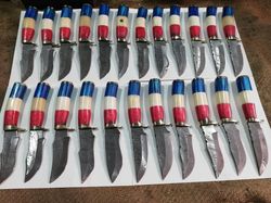 lot of 50 custom made damascus knives with different handle materials, hand forged skinning knives, custom damascus hunt