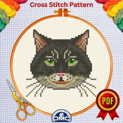 cute cat face cross stitch pattern 6, animal embroidery chart, antique unique needlework pattern,