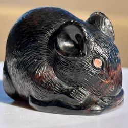 carved natural stone miniature mouse. handmade from obsidian.