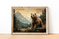 brown bear print, printable wall art bear, vintage bear art print, printable brown bear in forest, brown bear painting,