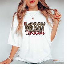 comfort colors leopard print merry christmas with santa hat,buffalo plaid christmas,merry christmas shirt, family christ