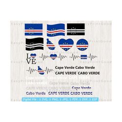 cape verde flag bundle svg, cape verde national flag, cabo verde flag clipart, love, waving, text, greece map, cut file, cricut & silhouette