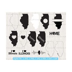 Illinois Svg Bundle, Illinois State, Illinois Clipart, Illinois Outline Svg, Illinois Map, Illinois Home, Monogram Frame, Cut File, Cricut