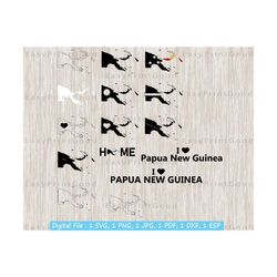 papua new guinea map svg bundle, name word text flag country, clipart, silhouette outline, i love, home, monogram frame, cut file, cricut