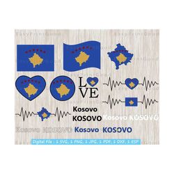 kosovo flag svg bundle, kosovo national flag svg, kosovo flag clipart, love, waving, text word, kosovo map, heart, cut file, cricut svg