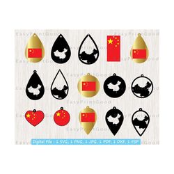 15 china flag earring svg template, chinese earrings template, map svg, leather earring, china teardrop, pendant jewelry, cut file, cricut