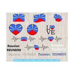 reunion flag bundle svg, reunion flag, love, waving, rwanda clip art, reunion map, heart, text word letter, heartbeat, cut file, cricut svg