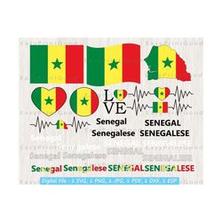 senegal flag bundle svg, senegal national flag svg, love, waving, senegalese map clipart, senegal flag, heart senegal map, cut file, cricut