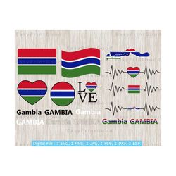 gambia flag svg bundle, gambian nation country banner, gambia name, text word, map, waving flag, love, heart gambia map, cut file, cricut