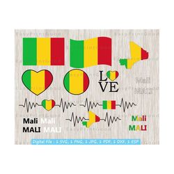 mali flag bundle svg, mali svg, malian national flag, mali flag clipart, love, waving, text word, map, cut file, cricut, silhouette, digital