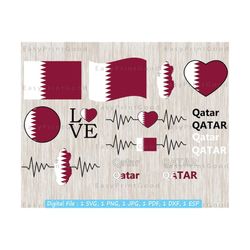 qatar flag svg bundle, qatar name, qatar national nation country banner, flag heart, map, love, round flag, text word, cut file, cricut svg