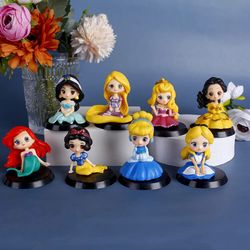 8 pcs/lot kawaii sitting little disney princess figure belle alice mermaid cute figurine cake decoration ornaments