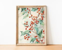 christmas holly print, christmas decoration, printable holly wall art, holiday decor, vintage christmas wall art, rustic