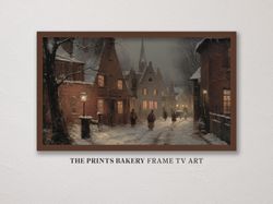 frame tv art christmas cozy snowy european winter village, vintage xmas wonderland tv art, digital download, farmhouse r