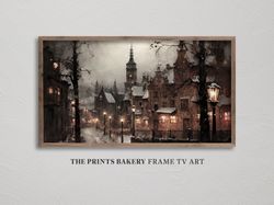 frame tv art christmas european village scene, winter rustic snowy town, xmas tv art, holiday festive samsung tv art, di