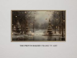 frame tv art christmas magical winter forest, enchanting snowy landscape tv, rustic xmas pine trees, neutral moody digit