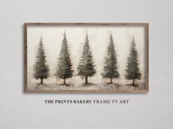 frame tv art christmas pine trees landscape, festive winter holiday tv art, primitive vintage rustic painting, xmas digi