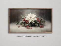 frame tv art christmas poinsettia floral still life, vintage moody rustic botanical tv, xmas festive holly berry, tv dig