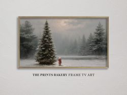 frame tv art christmas santa claus landscape scene, vintage winter neutral rustic, xmas pine tree holiday samsung tv, di