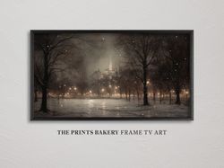 frame tv art christmas snowy city park lights, vintage winter wonderland, festive samsung tv artwork, rustic neutral dig