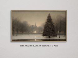 frame tv art christmas snowy city park, giant vintage xmas tree, festive winter art, neutral holiday samsung tv art, dig