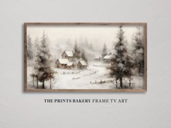 frame tv art winter country farmhouse, vintage snowy wonderland, snowscape pine trees samsung tv art rustic neutral digi